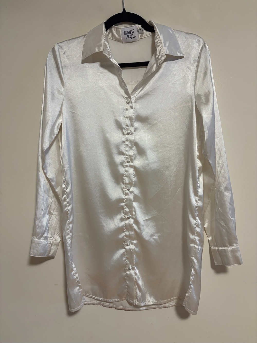 Princess Polly Ivory Satin Oversized Button Down Shirt Blouse US 0